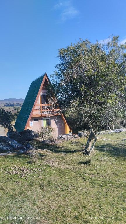 AiguáDon Cleto "La Mimosa"的田野上带绿色屋顶的小房子