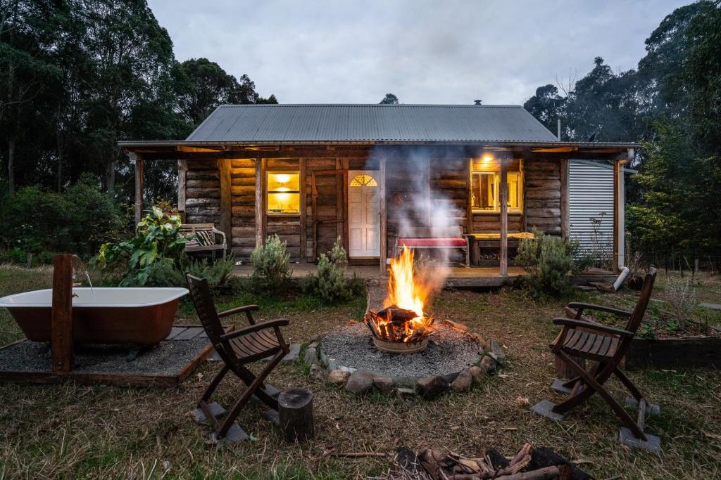 a log cabin with a fire pit in front of it at Luxury Cabin Bawley Ridge Farm, dog friendly in Termeil