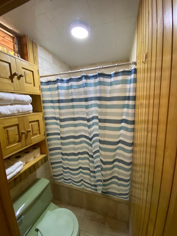 baño con ducha con cortina azul y blanca en Minidepartamento amoblado, en Cajamarca