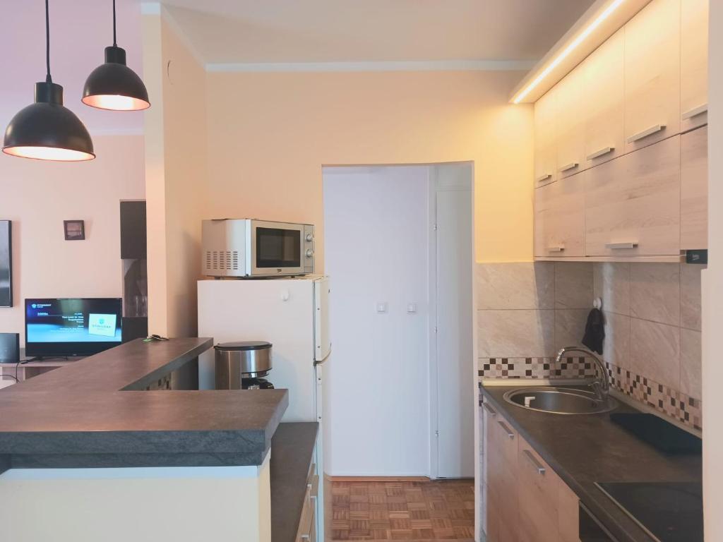 una cucina con frigorifero bianco e forno a microonde di Comfort Apartment a Novi Beograd