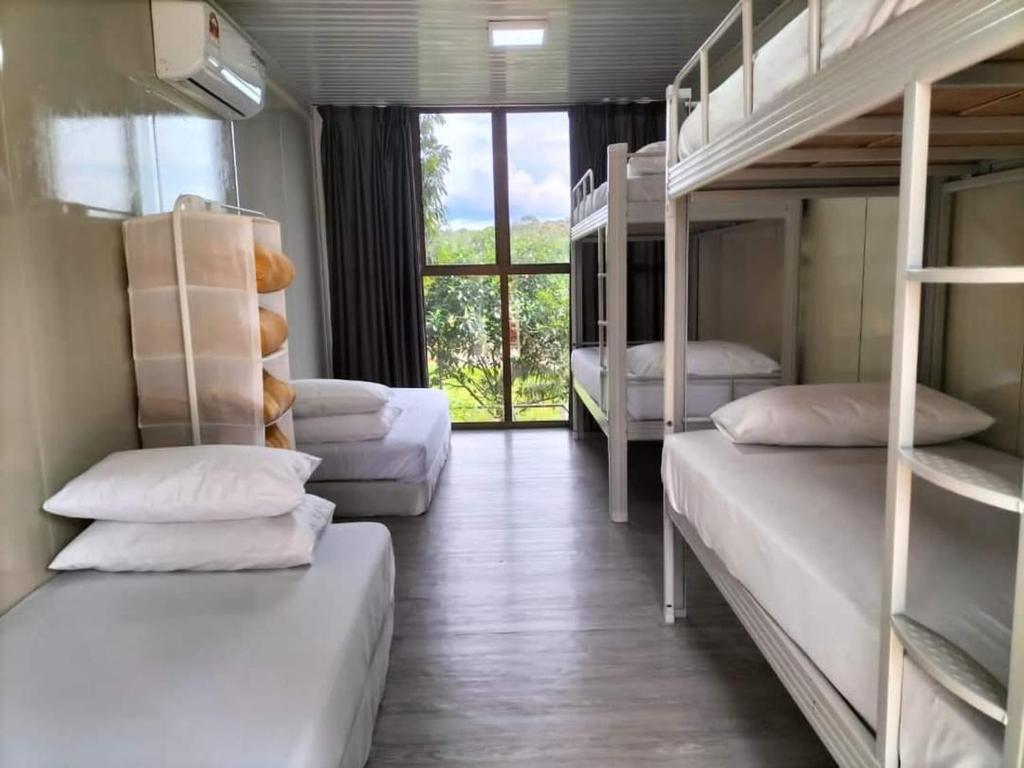 Zimmer mit 3 Etagenbetten und einem Fenster in der Unterkunft CABIN SARAWAK D' RUMAH BONDA RIVER VIEW in Kampong Senawar