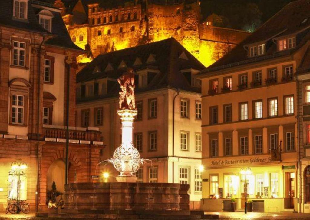 eine Statue vor einem Gebäude in der Nacht in der Unterkunft Hotel Goldener Falke in Heidelberg