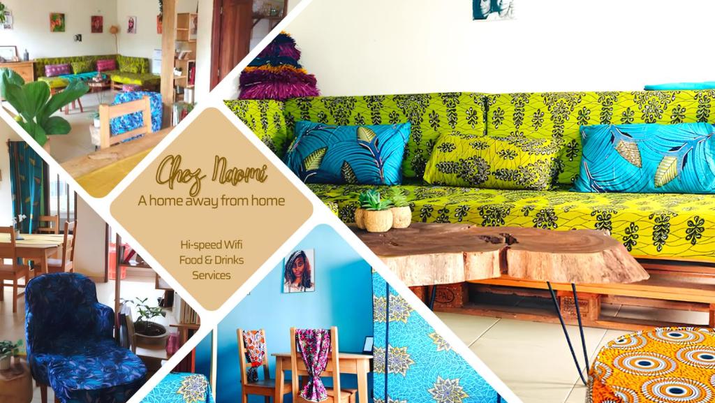 un collage de fotos de una sala de estar con sofá en Petit cocon douillet chez l'habitant en Porto-Novo
