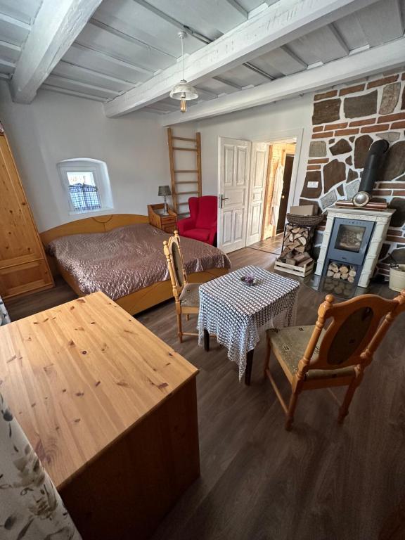 un soggiorno con letto e camino di apartman slovensky raj a Spišský Štiavnik