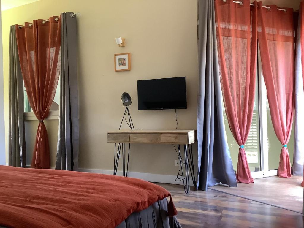 1 dormitorio con 1 cama y escritorio con TV en LE JARDIN D'HILAIRE en LʼEntre-Deux