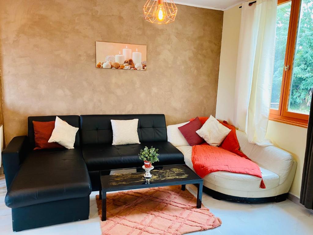 a living room with a black couch and red pillows at Maison et sa dépendance ss voisinage dans les vergers de Montmorency in Saint-Brice-sous-Forêt