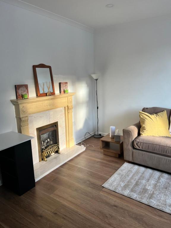 sala de estar con chimenea y sofá en Brand new cosy studio apartment, en West Dulwich