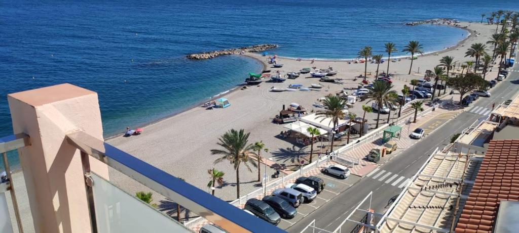 een uitzicht op een strand met palmbomen en de oceaan bij Duplex Castell de Ferro in Castell de Ferro