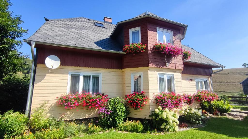 dom z pudełkami kwiatów na boku w obiekcie Holiday Home Moldava w mieście Moldava