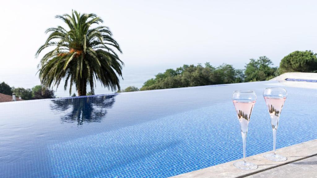 two wine glasses sitting next to a swimming pool at Boutique Ocean Terrace Luxury II - SSHOUSING in Igueldo