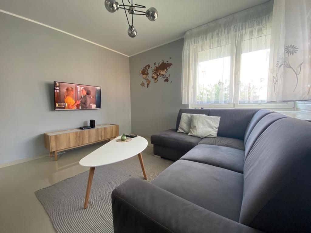 a living room with a couch and a table at Rose Apartament in Brwinów