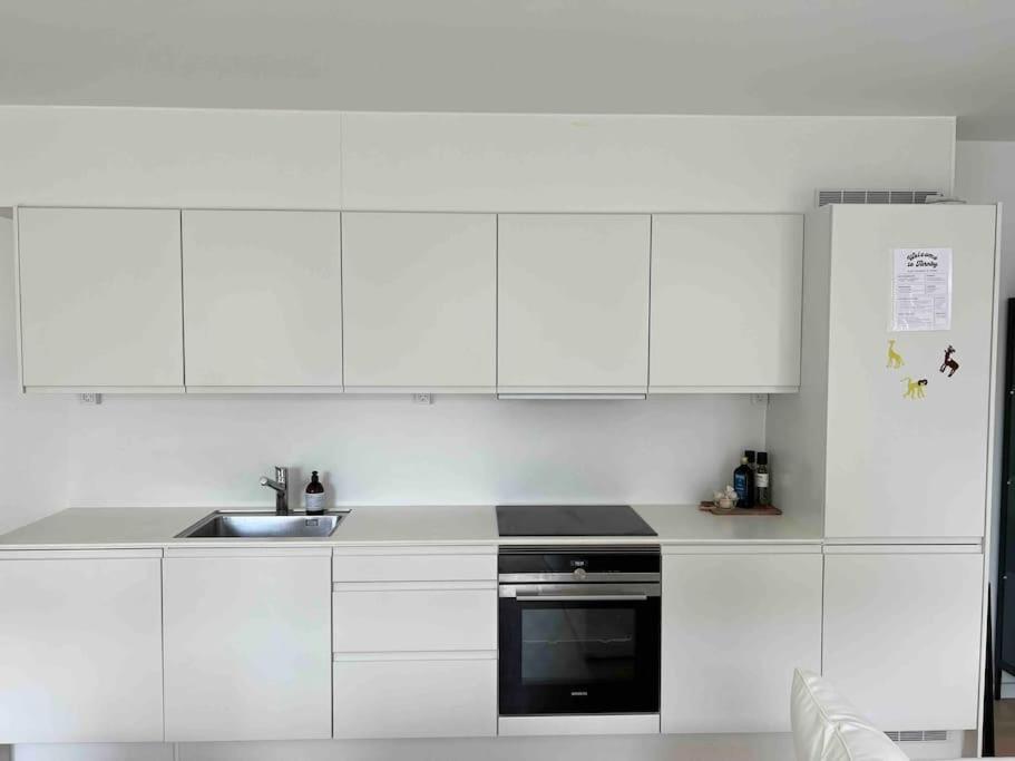 a white kitchen with white cabinets and a sink at Charmerende 3-værelses lejlighed in Copenhagen