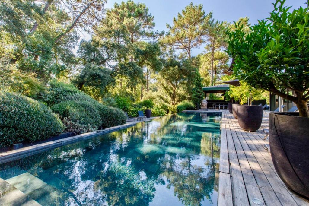 une piscine dans un jardin avec une terrasse en bois dans l'établissement Villa AmanJango, à Seignosse