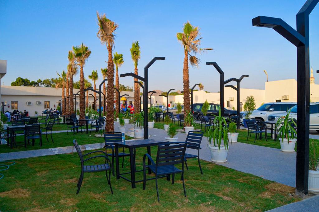 d'une terrasse avec des tables, des chaises et des palmiers. dans l'établissement منتجع واحة النخيل, à Al Shafa
