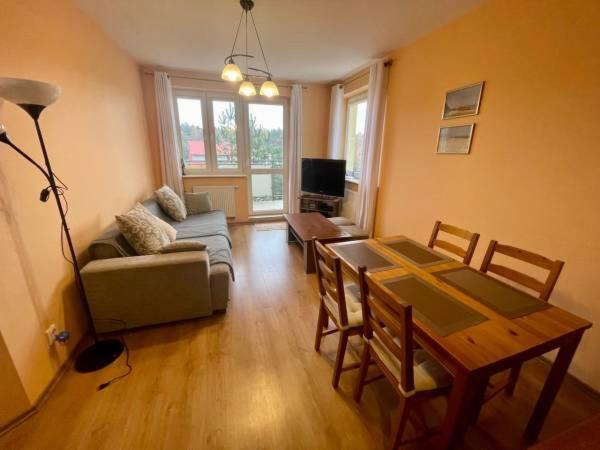 ステグナにあるSłoneczny Apartamentのソファとダイニングテーブルのあるリビングルーム
