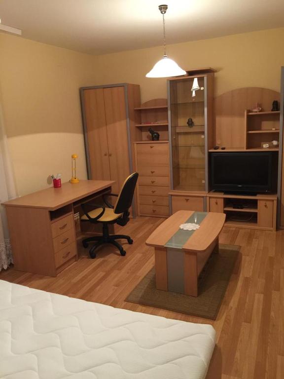a room with a desk and a table and a tv at Villa Stella Smederevo in Smederevo