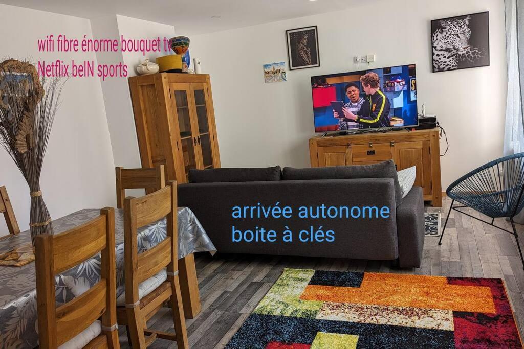 ein Wohnzimmer mit einem Sofa und einem TV in der Unterkunft calme rez-de-chaussée 2 Chambres 70 M2 in Roanne