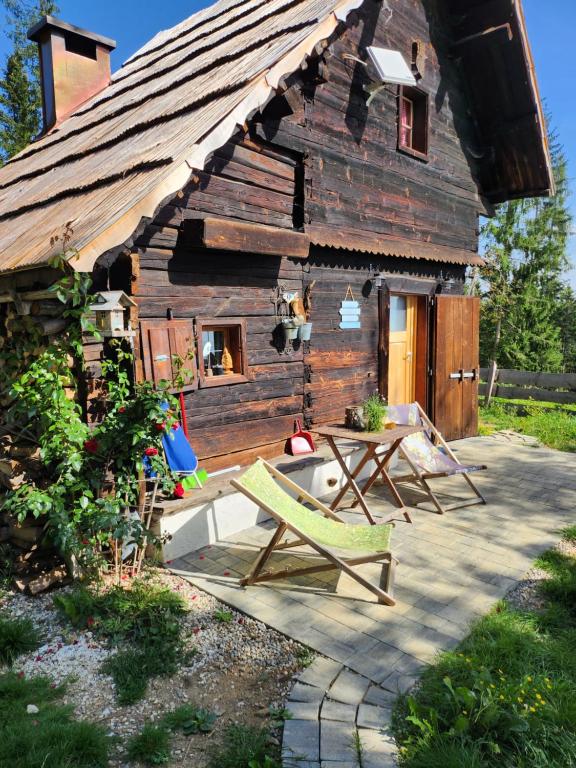 una cabaña de madera con una mesa y sillas frente a ella en Urige Waldbienenhütte, en Diex