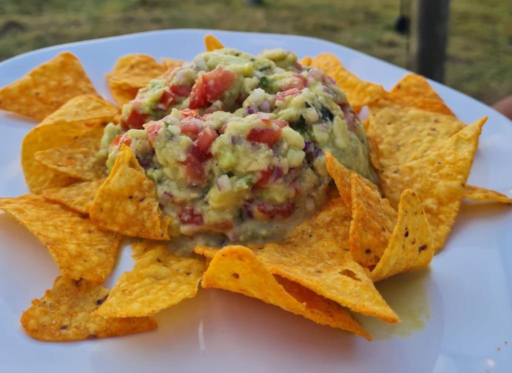 a plate of guacamole on a plate with chips at Kitesurf Life Glamping in Tutóia