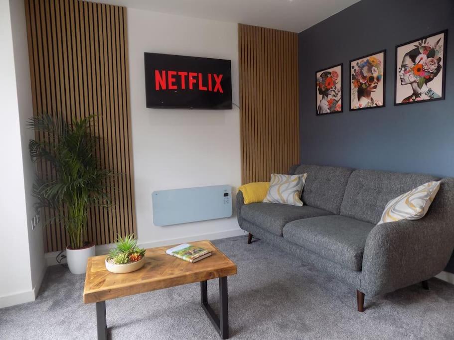 a living room with a couch and a tv at 2 Bedroom Luxury City Centre Apt in Lincoln