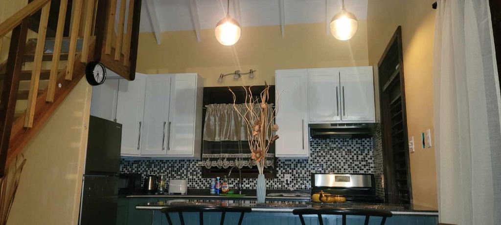 a kitchen with white cabinets and a counter top at Galloway's Cottage in Saint Johnʼs