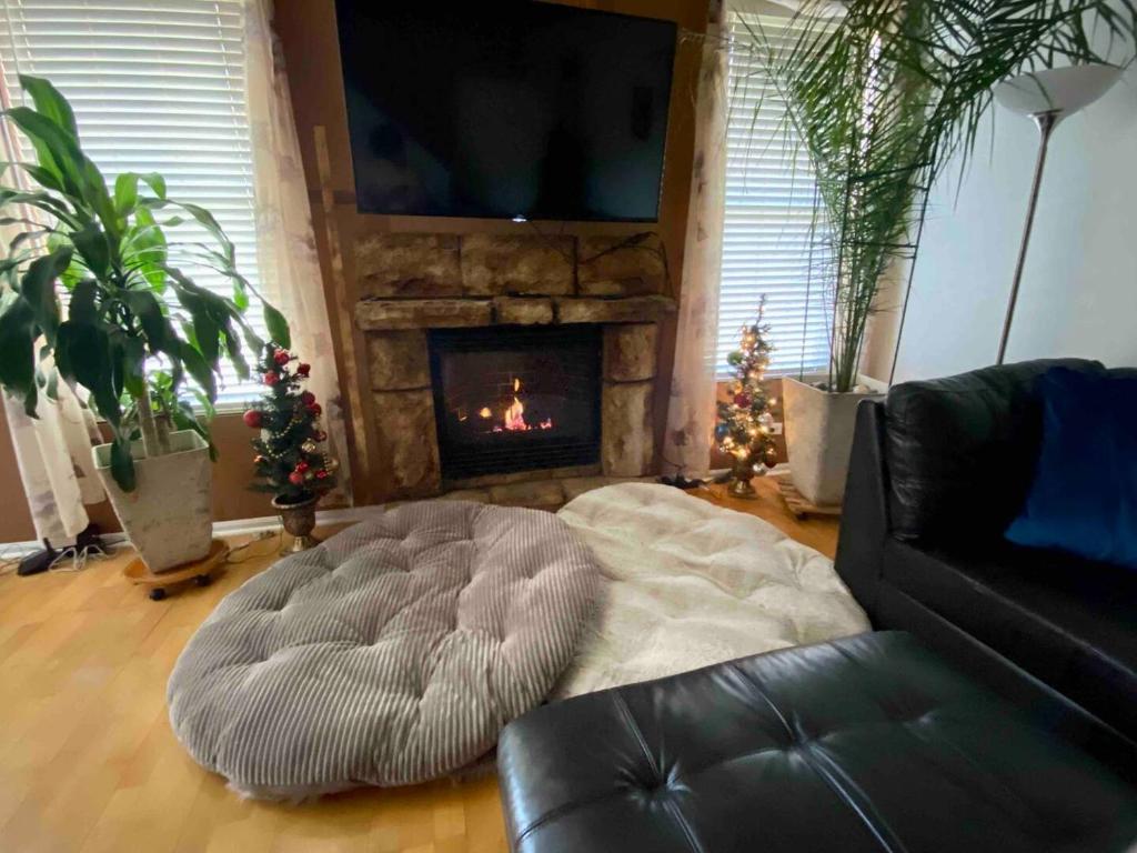 sala de estar con sofá y chimenea en Spacious Fully-Equipped Home, en Algonquin