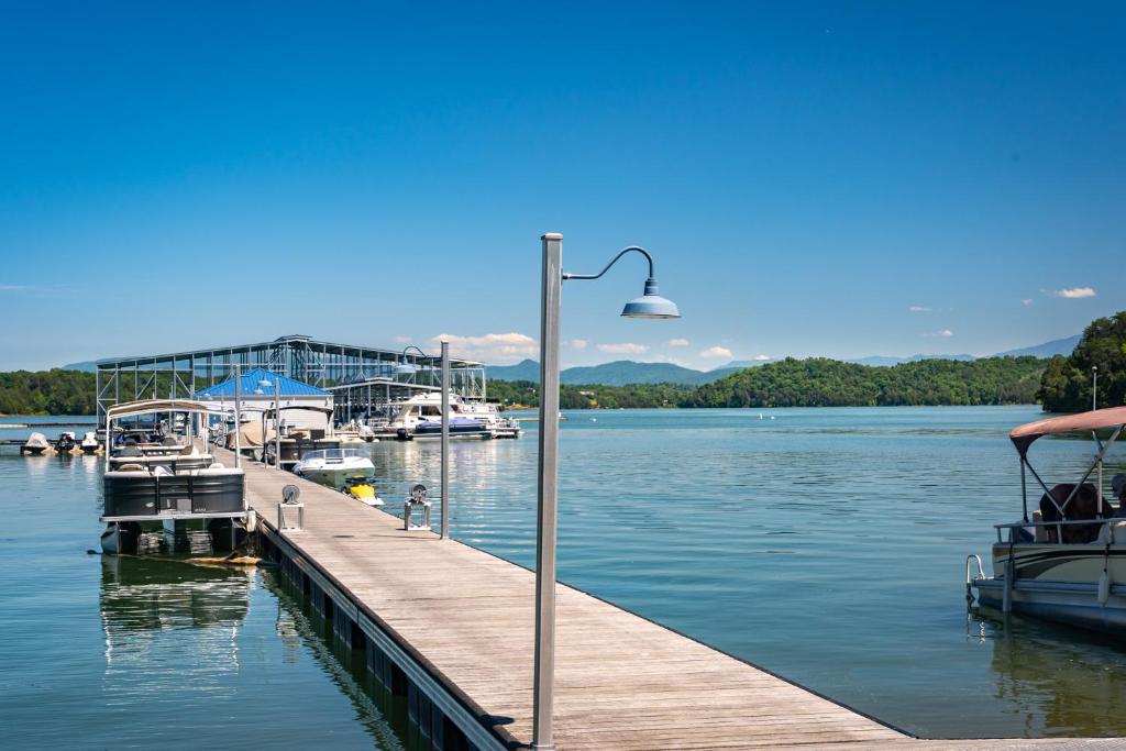 a dock with a light pole and boats on the water at Broadview, River, Golf Course, Games, free Attraction Tickets, WIFI!!! in Kodak