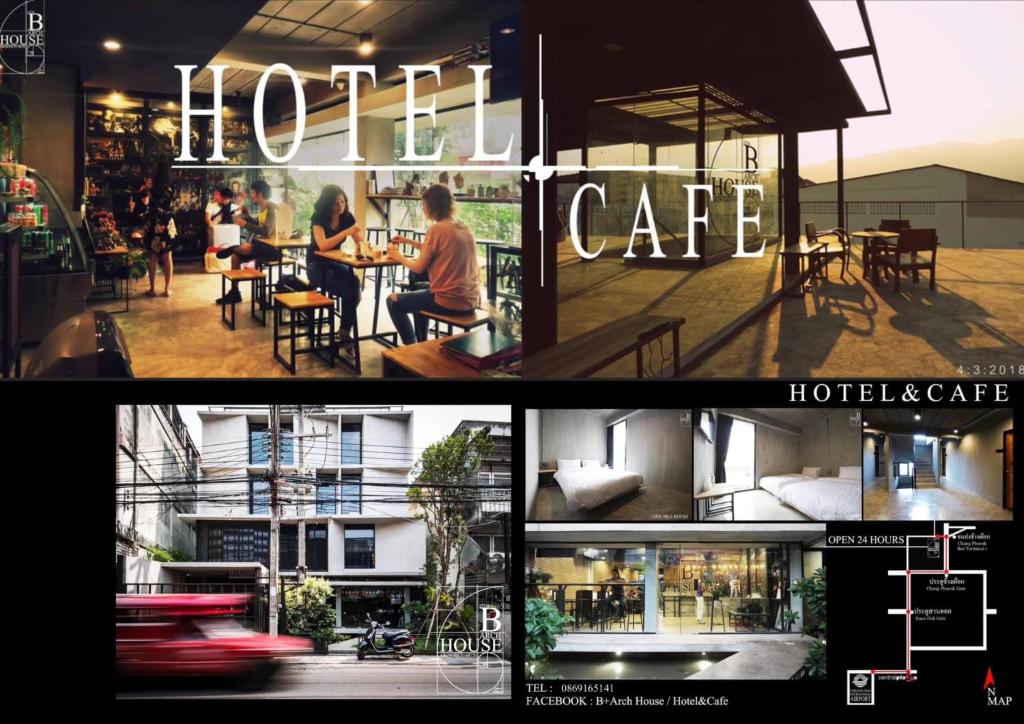 een collage van drie foto's van een hotelcafé bij B+Arch House / Hotel&Cafe in Chiang Mai