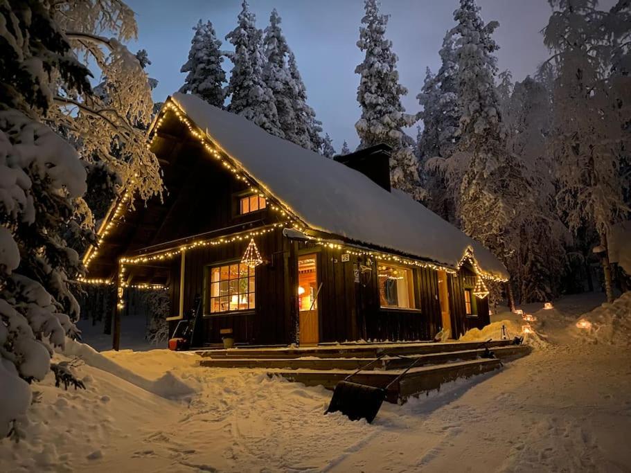 a log cabin with christmas lights in the snow at Jänkkärinne Cozy cabin Levi, Lapland in Kittilä