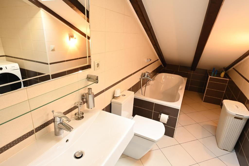 y baño con lavabo, aseo y espejo. en Apartment Kokolo sea view Hvar, en Hvar
