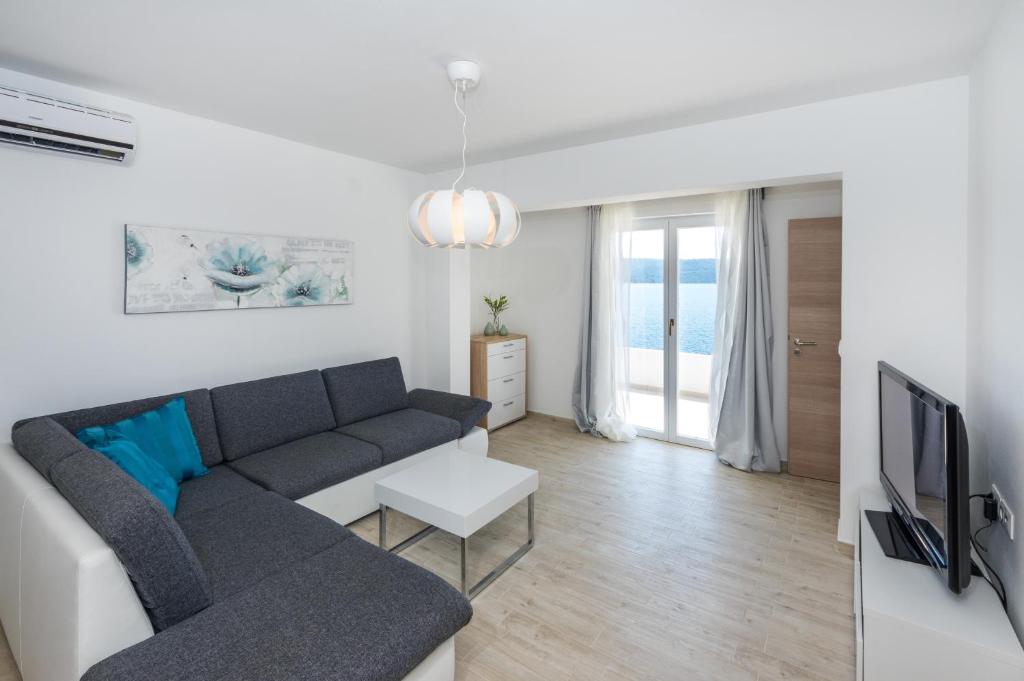 a living room with a couch and a tv at Apartments Fiera in Zverinac