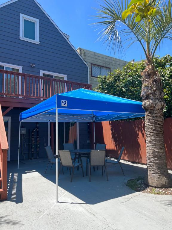 a blue umbrella sitting on a table next to a palm tree at Cheerful 3Br2Ba and a living room Sunny patio in San Francisco