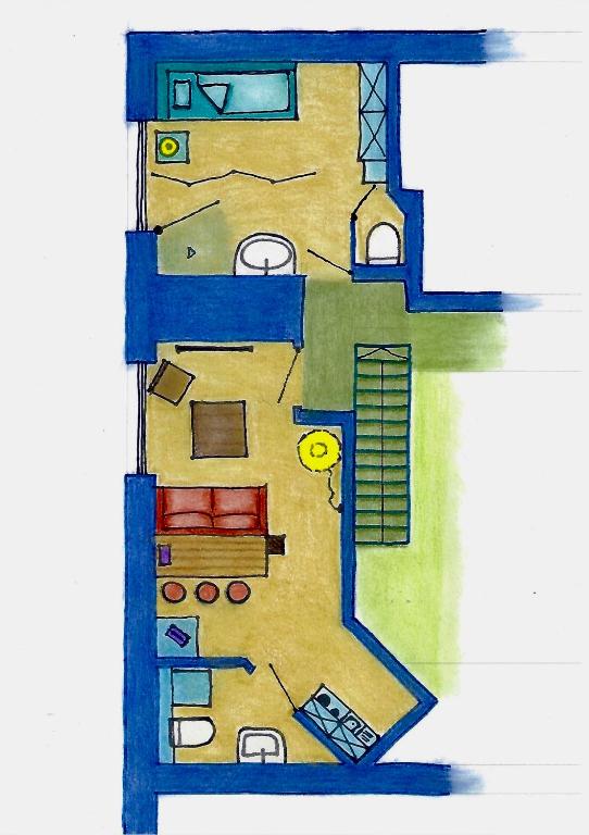 een plattegrond van een huis met blauw bij Kleine Herberge 