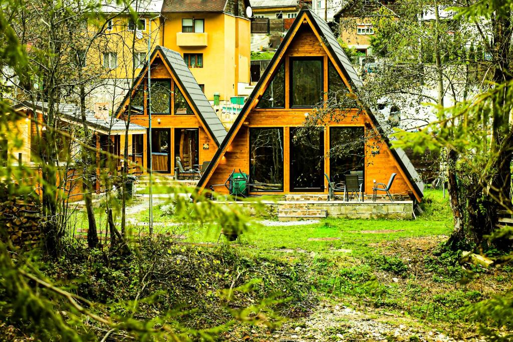 una casa con una gran ventana en un patio verde en Finașii, en Albac