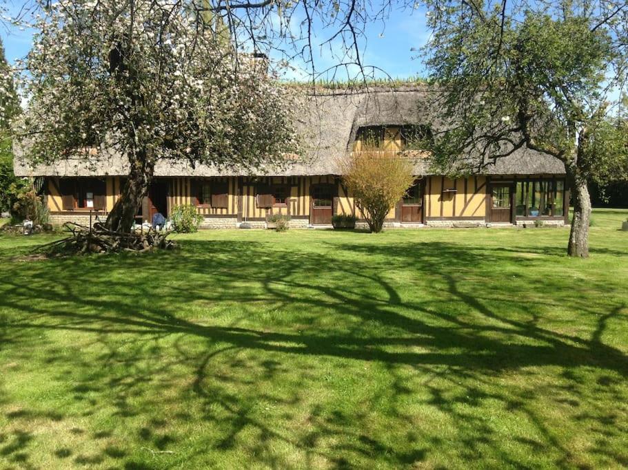 una casa con una gran sombra de árbol en Chaumière Normandie en Carsix