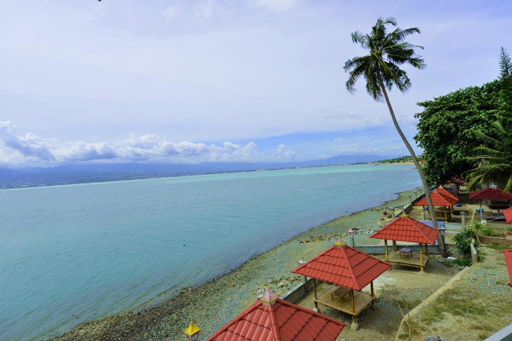 Amazing Beach Resort Palu في بالو: شاطئ فيه مظلات حمراء و نخلة