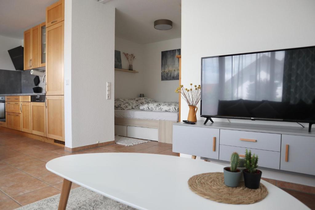 uma sala de estar com uma grande televisão de ecrã plano em Ferienwohnung Piendl em Münsingen