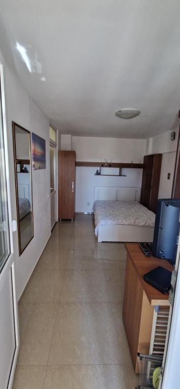 1 dormitorio con 1 cama y escritorio con ordenador en NikolasStudioCenter, en Ploieşti
