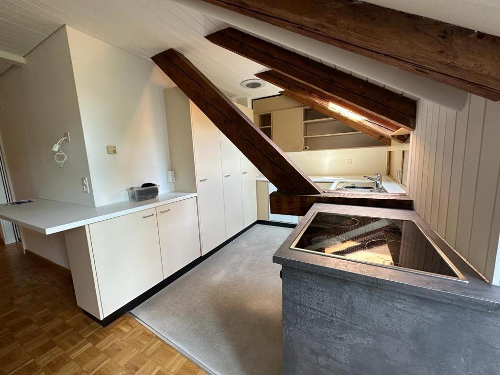 an attic kitchen with a counter top in a room at Stedtli Liestal in Liestal