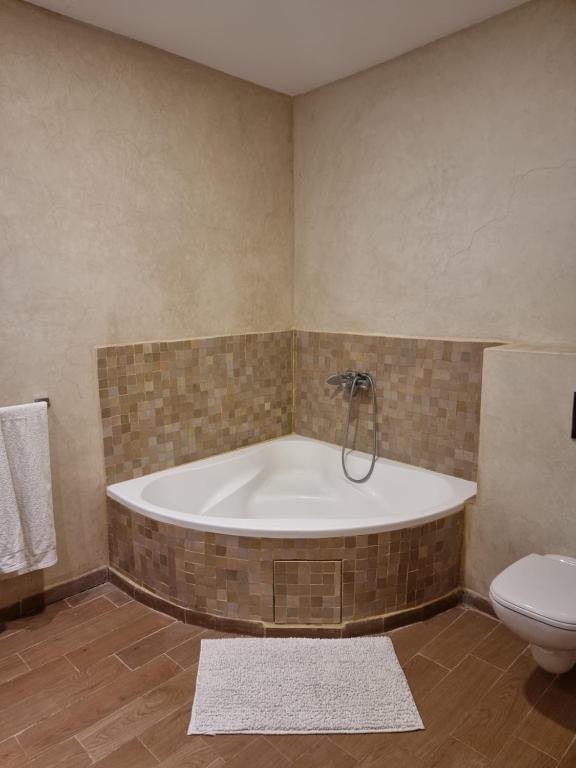 a bathroom with a bath tub and a toilet at Les terrasses du Lac Marrakech in Lalla Takerkoust