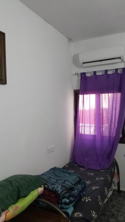 Janīn的住宿－Jenin Hostel，紫色窗帘的房间的一张床位