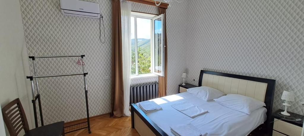sypialnia z łóżkiem w pokoju z oknem w obiekcie Guest House Pirosmani 60 w mieście Sighnaghi