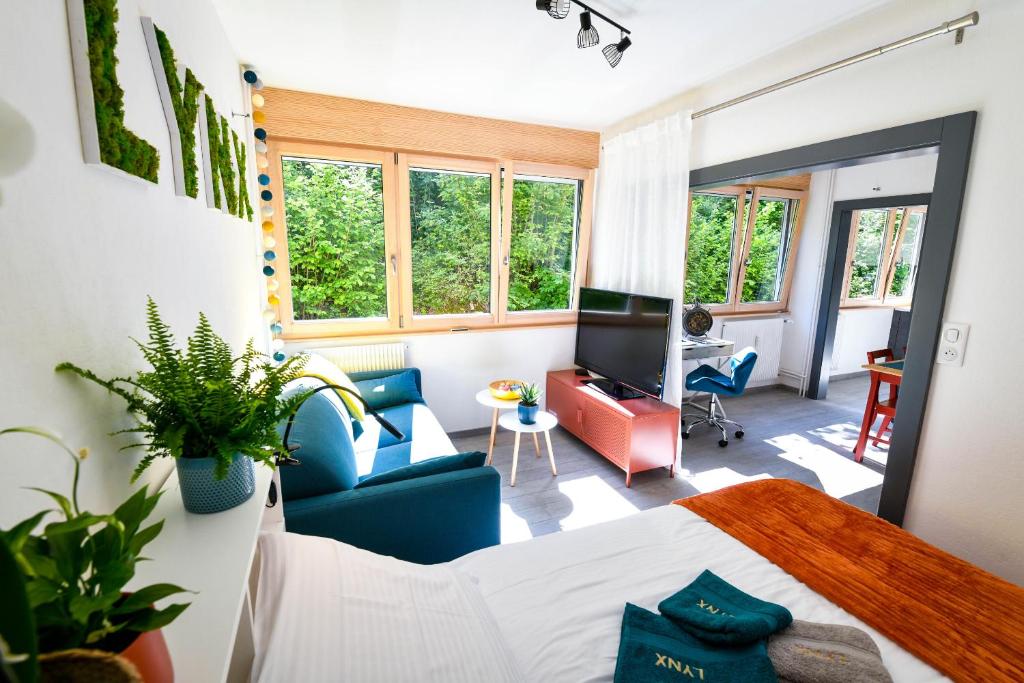 - une chambre avec un lit et un salon dans l'établissement Lynx, à Pontarlier