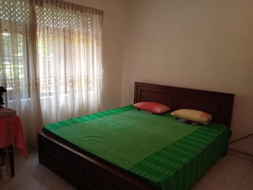Happawana的住宿－Sriyani House，一间卧室设有一张带窗户的绿色床