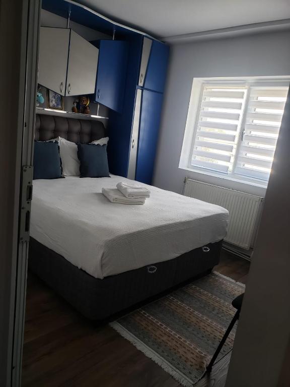 a bedroom with a bed with blue walls and a window at Apartament 2 Camere in Roman