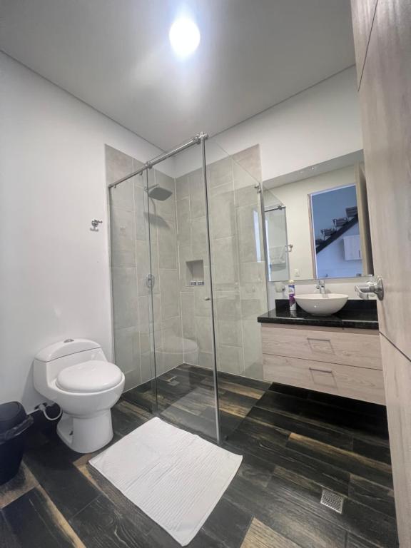 ein Bad mit einer Dusche, einem WC und einem Waschbecken in der Unterkunft Edificio Lotus Loft in Cali