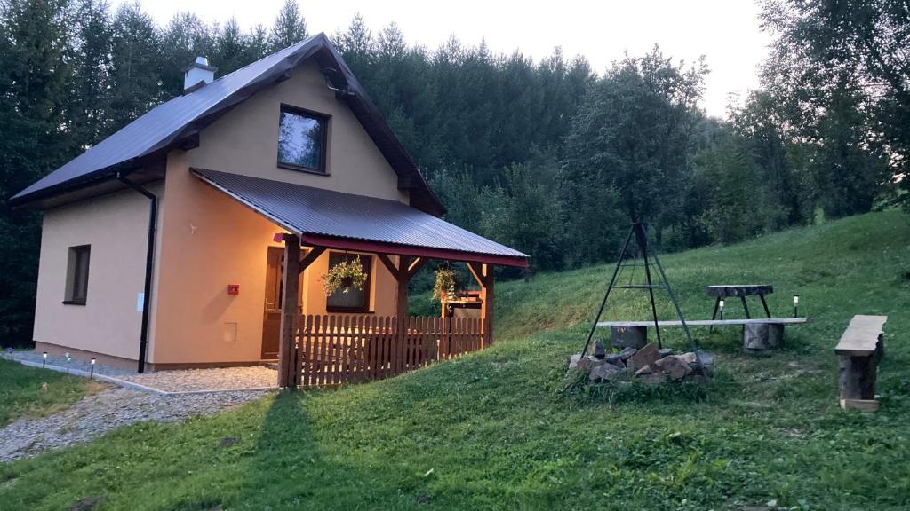 a small house on a hill with a swing at Domek na Wzgórzu in Zahoczewie