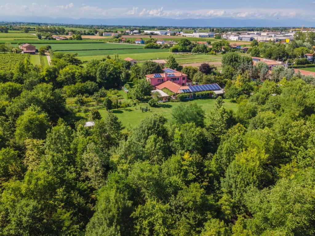 an aerial view of a house in a field with trees at Settecentoalberi Agriturismo in Noventa di Piave