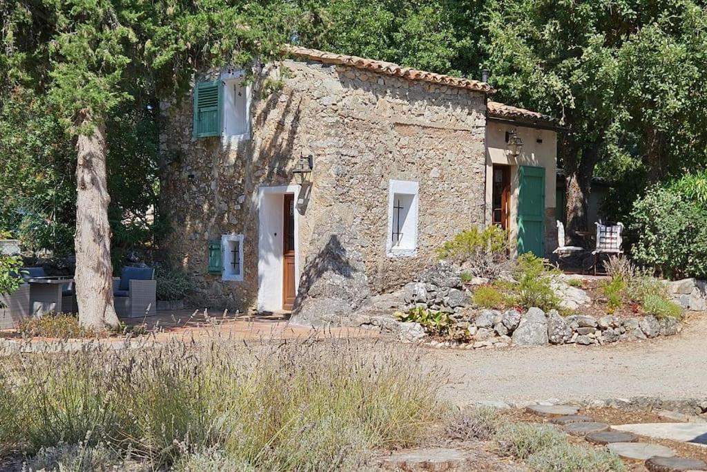 una pequeña casa de piedra con una puerta verde en Mazet (maisonnette provençale), en Saint-Cézaire-sur-Siagne