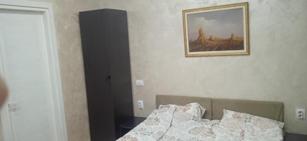 ein Schlafzimmer mit einem Bett und einem Bild an der Wand in der Unterkunft Mikassa room in Niš